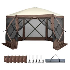 Pop Up Gazebo Tent, Pop-Up Screen Tent 6 Sided Canopy Sun Shelter with 6 Removable Privacy Wind Cloths & Mesh Windows (Color: Brown, Item Size: 11.5 x 11.5 ft)