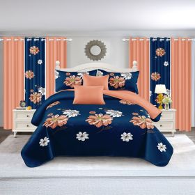 9-Piece Navy & Coral Floral Bedding & Curtain Set (Queen/King/Cal King) - Quilted Microfiber Bedspread + Sheer Curtains (Color: blue/red flower, size: CAL KING)